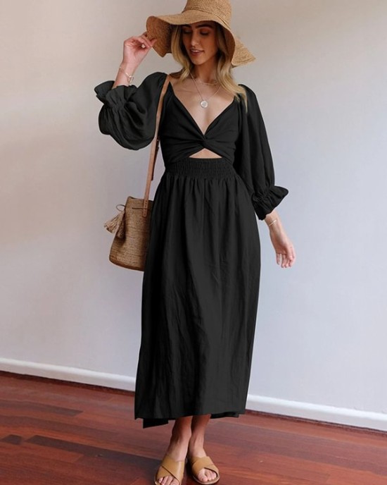 Original A-Line Loose Hollow Solid Color V-Neck Midi Dresses