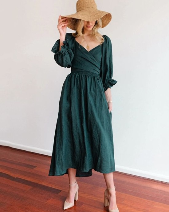 Original A-Line Loose Hollow Solid Color V-Neck Midi Dresses