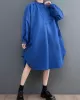 Loose Puff Sleeves Solid Color Stand Collar Midi Dresses