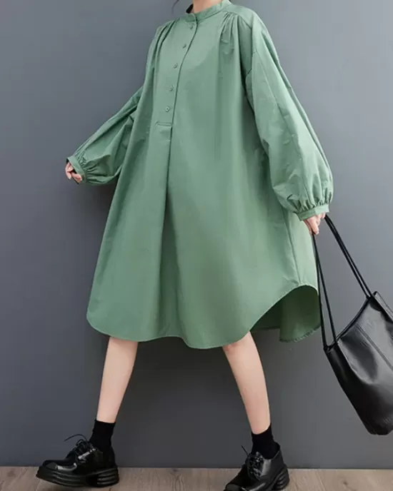 Loose Puff Sleeves Solid Color Stand Collar Midi Dresses