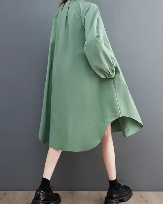 Loose Puff Sleeves Solid Color Stand Collar Midi Dresses