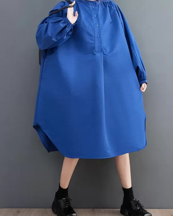 Loose Puff Sleeves Solid Color Stand Collar Midi Dresses