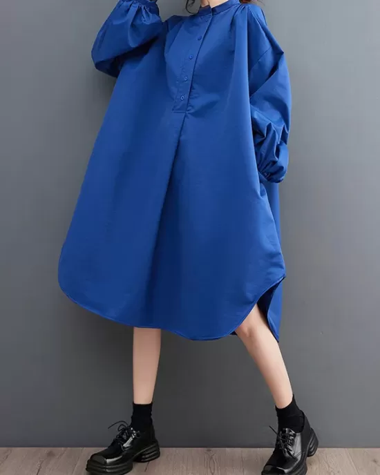 Loose Puff Sleeves Solid Color Stand Collar Midi Dresses