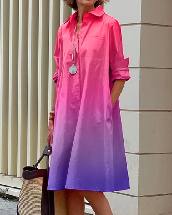 Long Sleeves Gradient Lapel Midi Dresses