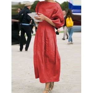 Half Sleeves Loose Solid Color Round-Neck Midi Dresses