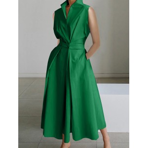 Sleeveless Solid Color Lapel Midi Dresses