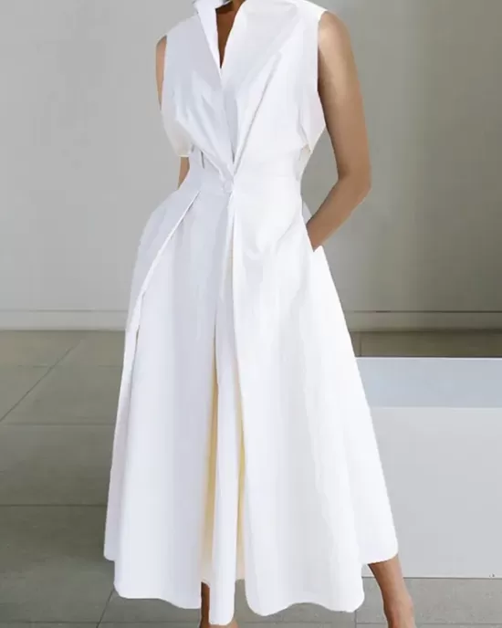 Sleeveless Solid Color Lapel Midi Dresses