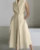 Sleeveless Solid Color Lapel Midi Dresses