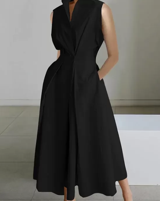 Sleeveless Solid Color Lapel Midi Dresses