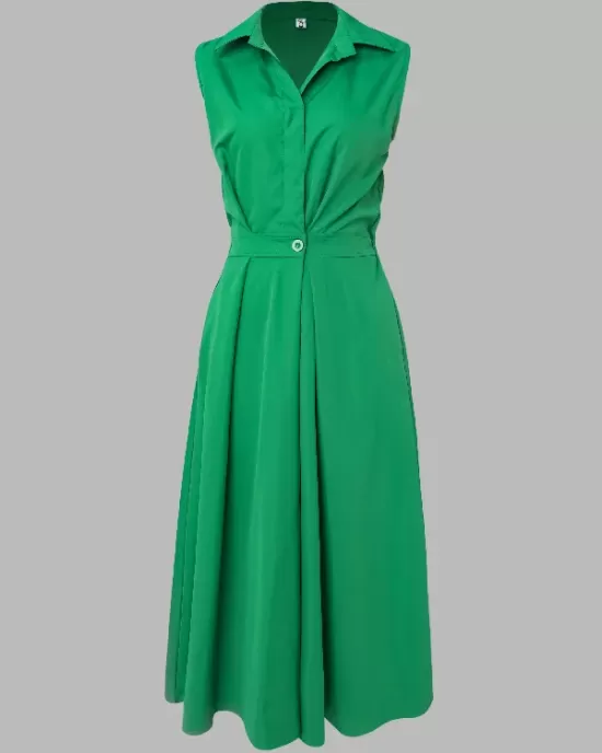 Sleeveless Solid Color Lapel Midi Dresses