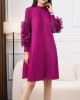 Embroidered Pleated Solid Color Long Sleeves Loose Round-neck Midi Dresses