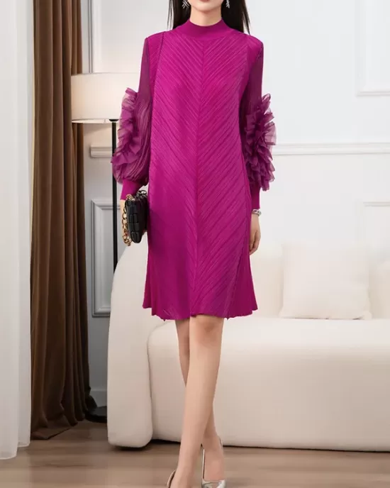 Embroidered Pleated Solid Color Long Sleeves Loose Round-neck Midi Dresses