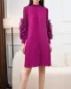 Embroidered Pleated Solid Color Long Sleeves Loose Round-neck Midi Dresses