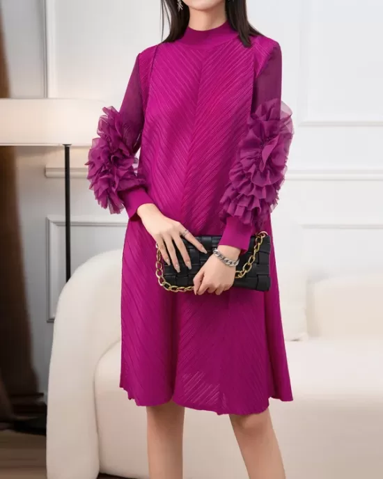 Embroidered Pleated Solid Color Long Sleeves Loose Round-neck Midi Dresses