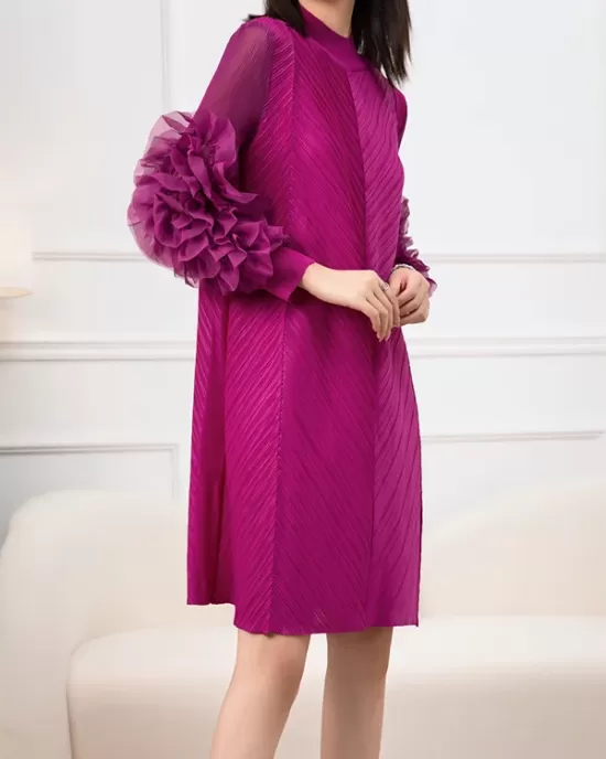 Embroidered Pleated Solid Color Long Sleeves Loose Round-neck Midi Dresses