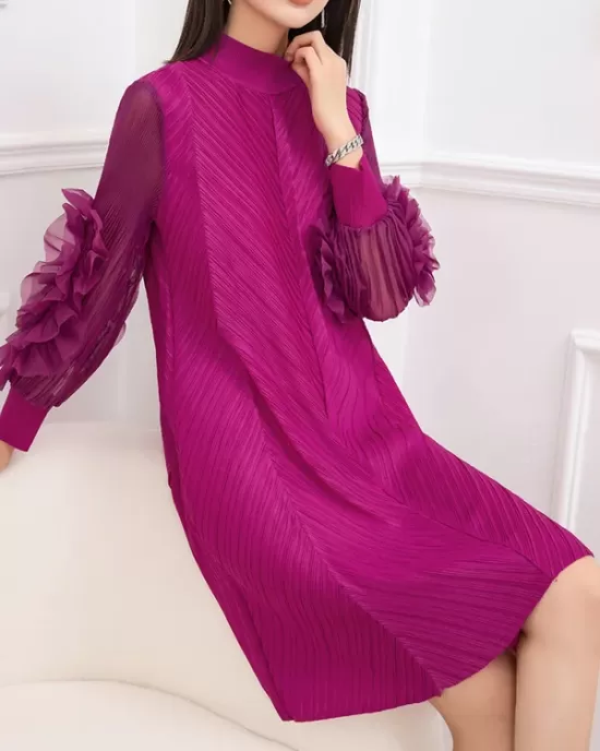 Embroidered Pleated Solid Color Long Sleeves Loose Round-neck Midi Dresses