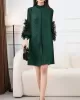 Embroidered Pleated Solid Color Long Sleeves Loose Round-neck Midi Dresses