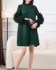 Embroidered Pleated Solid Color Long Sleeves Loose Round-neck Midi Dresses