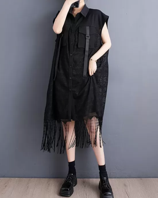 Gauze Pockets Split-Joint Tasseled Short Sleeves Lapel Midi Dresses