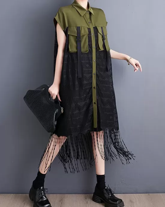 Gauze Pockets Split-Joint Tasseled Short Sleeves Lapel Midi Dresses