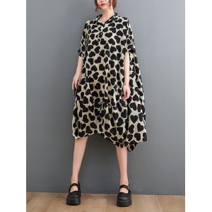 Heart Print Batwing Sleeves Irregular clipping Lapel Midi Dresses