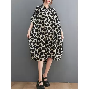 Heart Print Batwing Sleeves Irregular clipping Lapel Midi Dresses