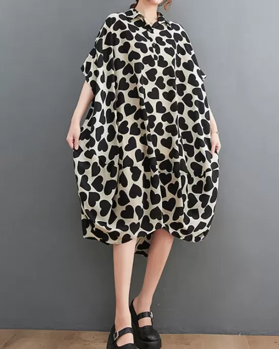 Heart Print Batwing Sleeves Irregular clipping Lapel Midi Dresses