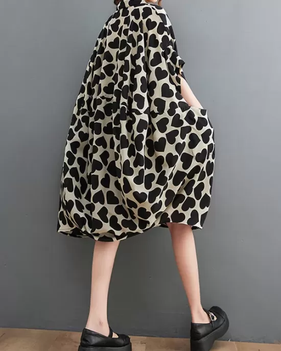 Heart Print Batwing Sleeves Irregular clipping Lapel Midi Dresses