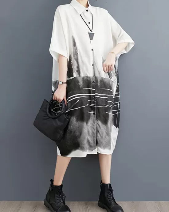 Pockets Printed Half Sleeves Loose Lapel Midi Dresses