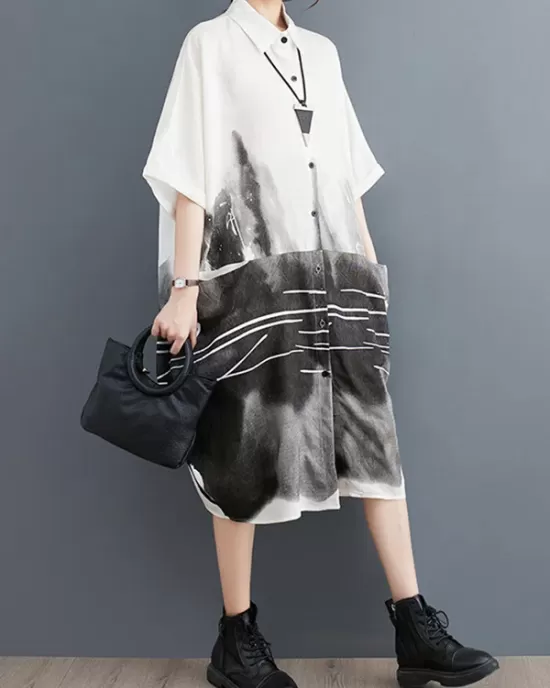 Printed Half Sleeves Loose Lapel Midi Dresses