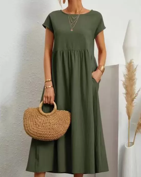 Pleated Solid Color Loose Short Sleeves Round-Neck Midi Dresses