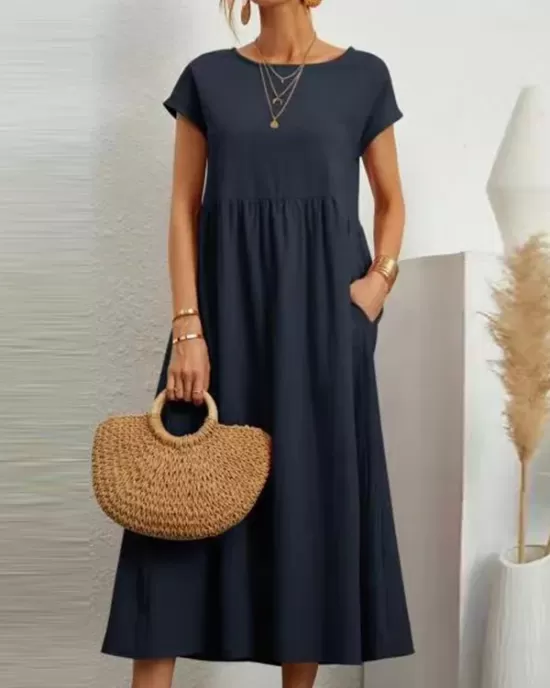 Pleated Solid Color Loose Short Sleeves Round-Neck Midi Dresses