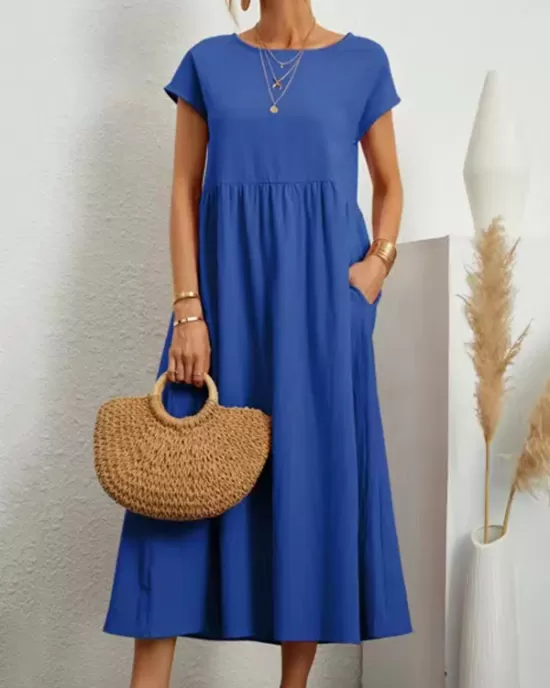 Pleated Solid Color Loose Short Sleeves Round-Neck Midi Dresses