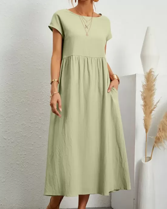 Pleated Solid Color Loose Short Sleeves Round-Neck Midi Dresses