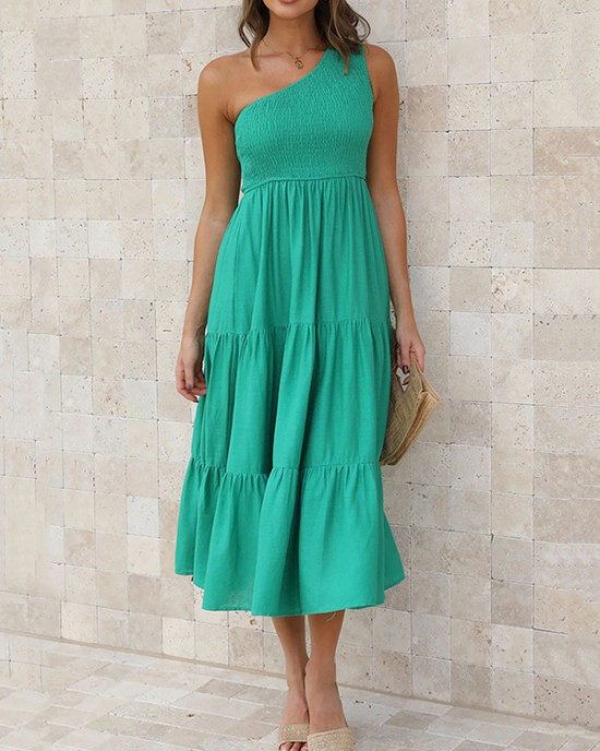 Pleated Solid Color Loose One-shoulder Midi Dresses