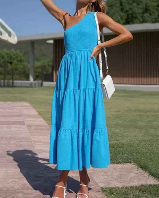 Pleated Solid Color Loose One-shoulder Midi Dresses