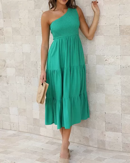 Pleated Solid Color Loose One-shoulder Midi Dresses