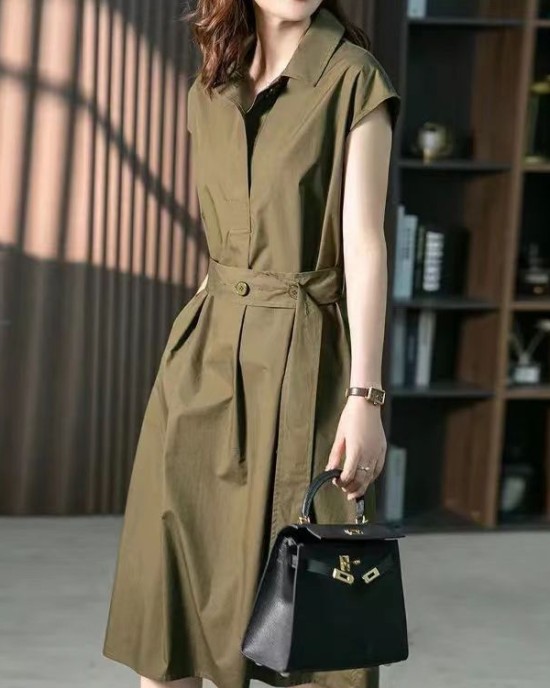 Bandage Solid Color Plus Size Short Sleeves Lapel Midi Dresses