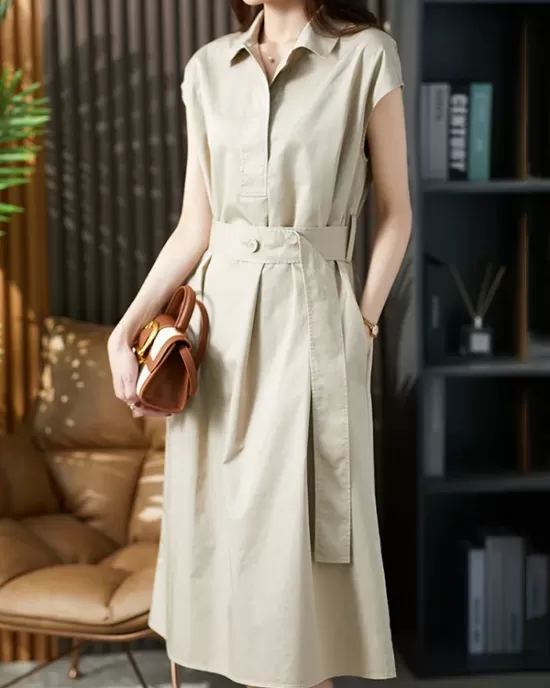 Bandage Solid Color Plus Size Short Sleeves Lapel Midi Dresses