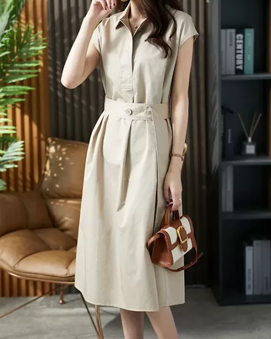 Bandage Solid Color Plus Size Short Sleeves Lapel Midi Dresses