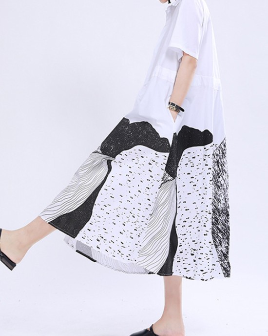 Contrast Color Drawstring Printed Tied Waist Loose Short Sleeves Lapel Shirt Dress Midi Dresses