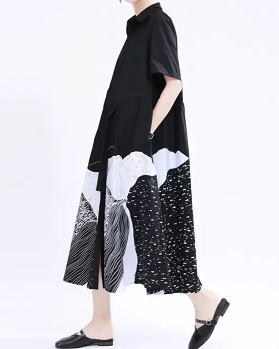 Contrast Color Drawstring Printed Tied Waist Loose Short Sleeves Lapel Shirt Dress Midi Dresses