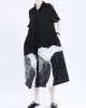 Contrast Color Drawstring Printed Tied Waist Loose Short Sleeves Lapel Shirt Dress Midi Dresses