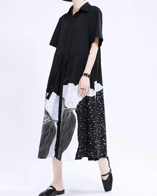 Contrast Color Drawstring Printed Tied Waist Loose Short Sleeves Lapel Shirt Dress Midi Dresses