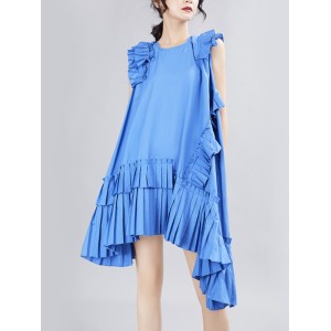 Asymmetric Pleated Solid Color Split-Joint Flying Sleeves Loose Round-Neck Midi Dresses