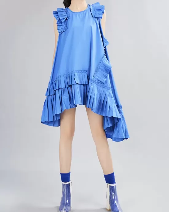 Asymmetric Pleated Solid Color Split-Joint Flying Sleeves Loose Round-Neck Midi Dresses