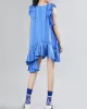 Asymmetric Pleated Solid Color Split-Joint Flying Sleeves Loose Round-Neck Midi Dresses