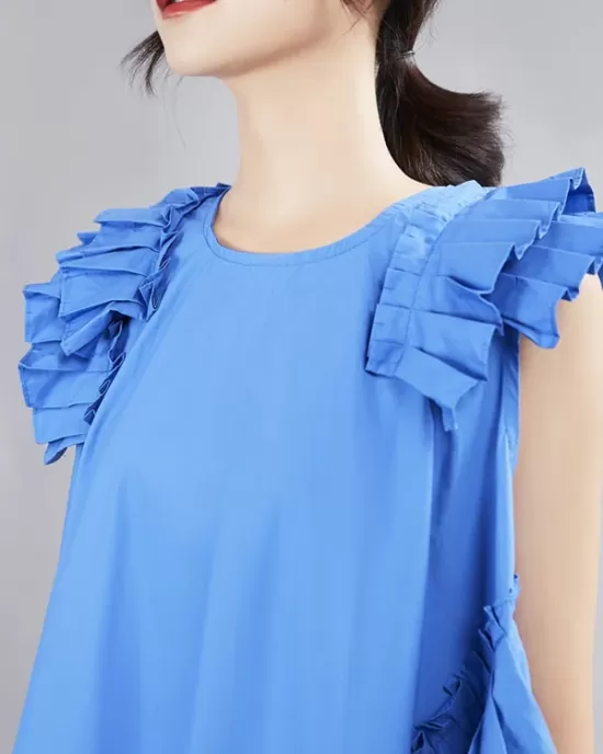 Asymmetric Pleated Solid Color Split-Joint Flying Sleeves Loose Round-Neck Midi Dresses