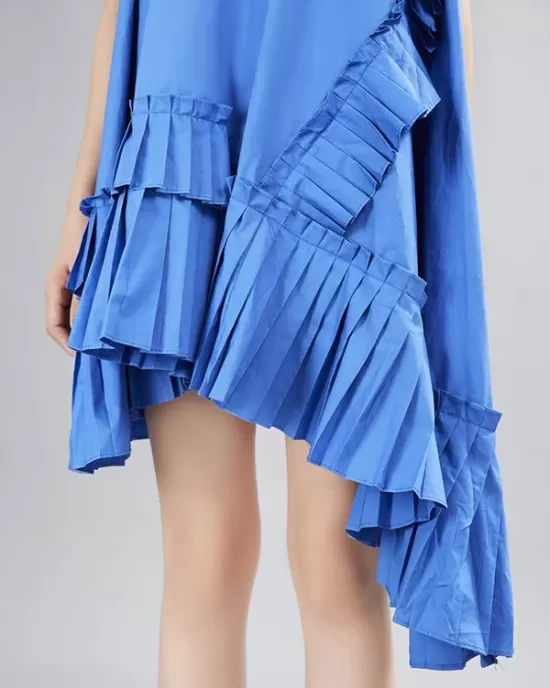 Asymmetric Pleated Solid Color Split-Joint Flying Sleeves Loose Round-Neck Midi Dresses