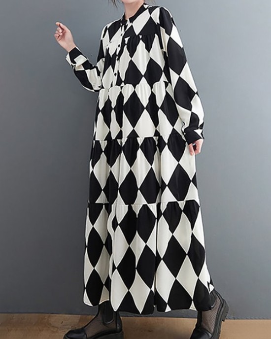 Buttoned Plaid A-Line Long Sleeves Polo Midi Dresses